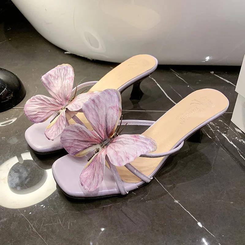 Fashion Blue Butterfly Women Slippers Square Toe Shoes High Heels Sandals Summer Elegant Bohemian Beach Shoes 2025 New Dress Pumps Mujer