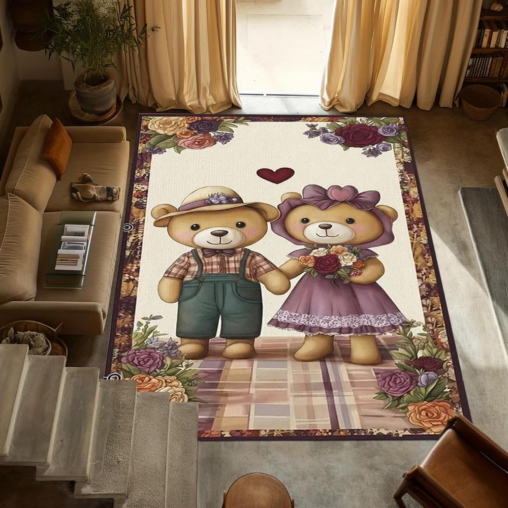 

Cartoon Bear Printed Carpet Couple Bear Red Bishop Bird Printed Decorative Door Mat Entrance Living Room Bedroom Festive Rug 40x60cm