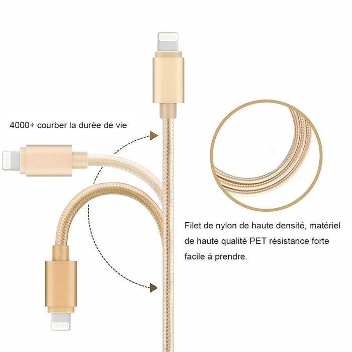 Câble pour iPhone - Non spécifié - 2M - Nylon Doré - Compatible avec plusieurs modèles d'iPhone - USB