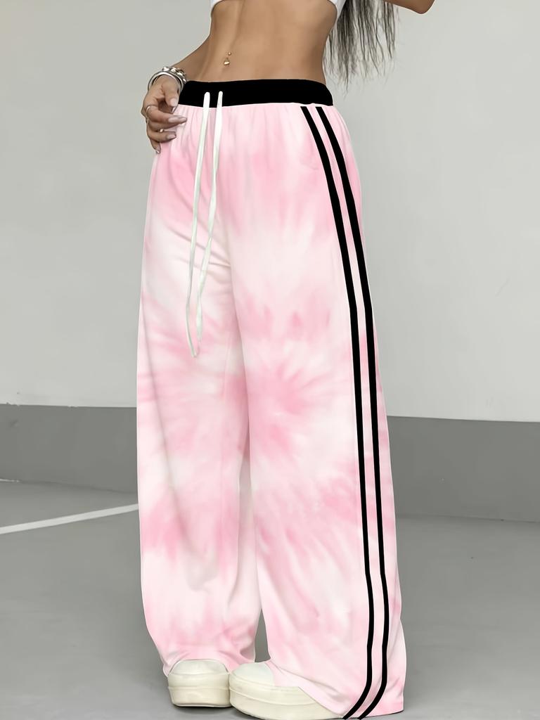 Women's Plus Size Wide Leg Pants Pink Tie Dye Print with Black Stripes Suitable for Casual and Sports Wear