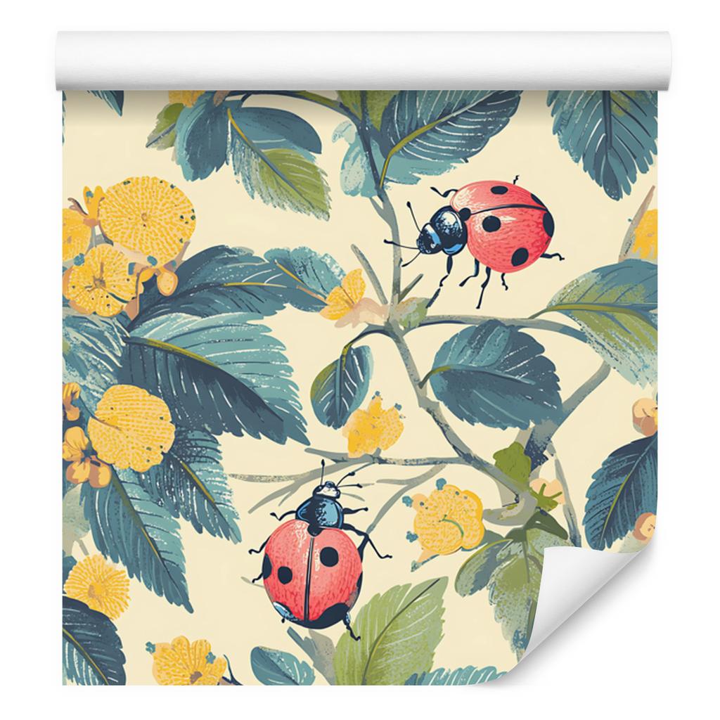 Ladybugs Wallpaper Cream and Turquoise for Living Room and Bedroom 50x1000