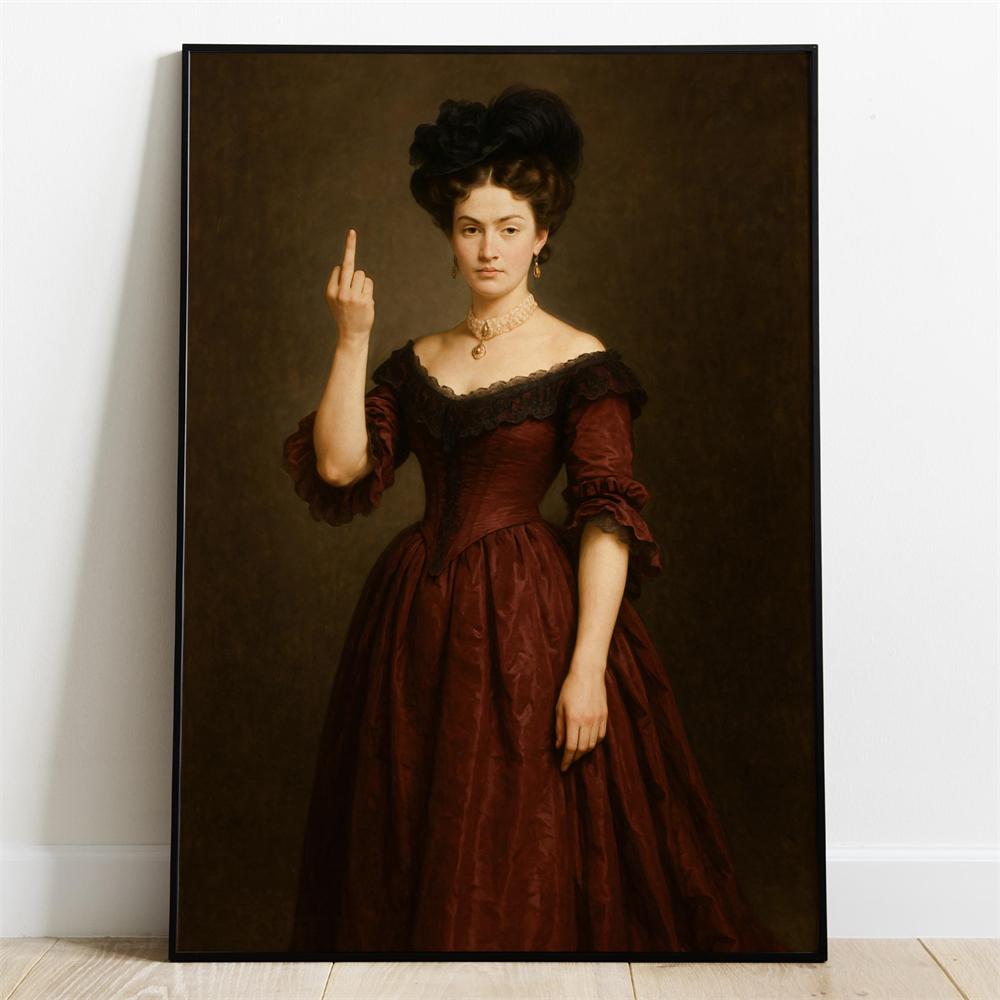 Middle Finger Rebel Man Funny Art Print Poster Altered Vintage Portrait Poster Humorous Antique Oil Painting Style Canvas Prints