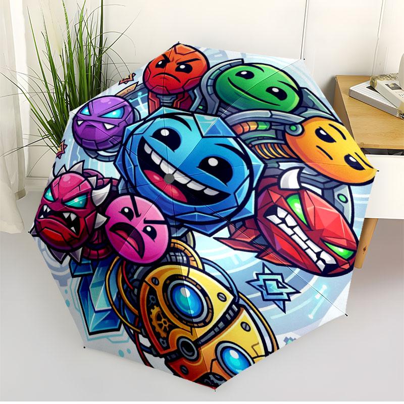 Geometry Dash Print Automatisk Åben Lukke Paraply, Bærbar Foldbar Paraply, til Udendørs Pendling Campingtur, Ideel Fødselsdagsgave