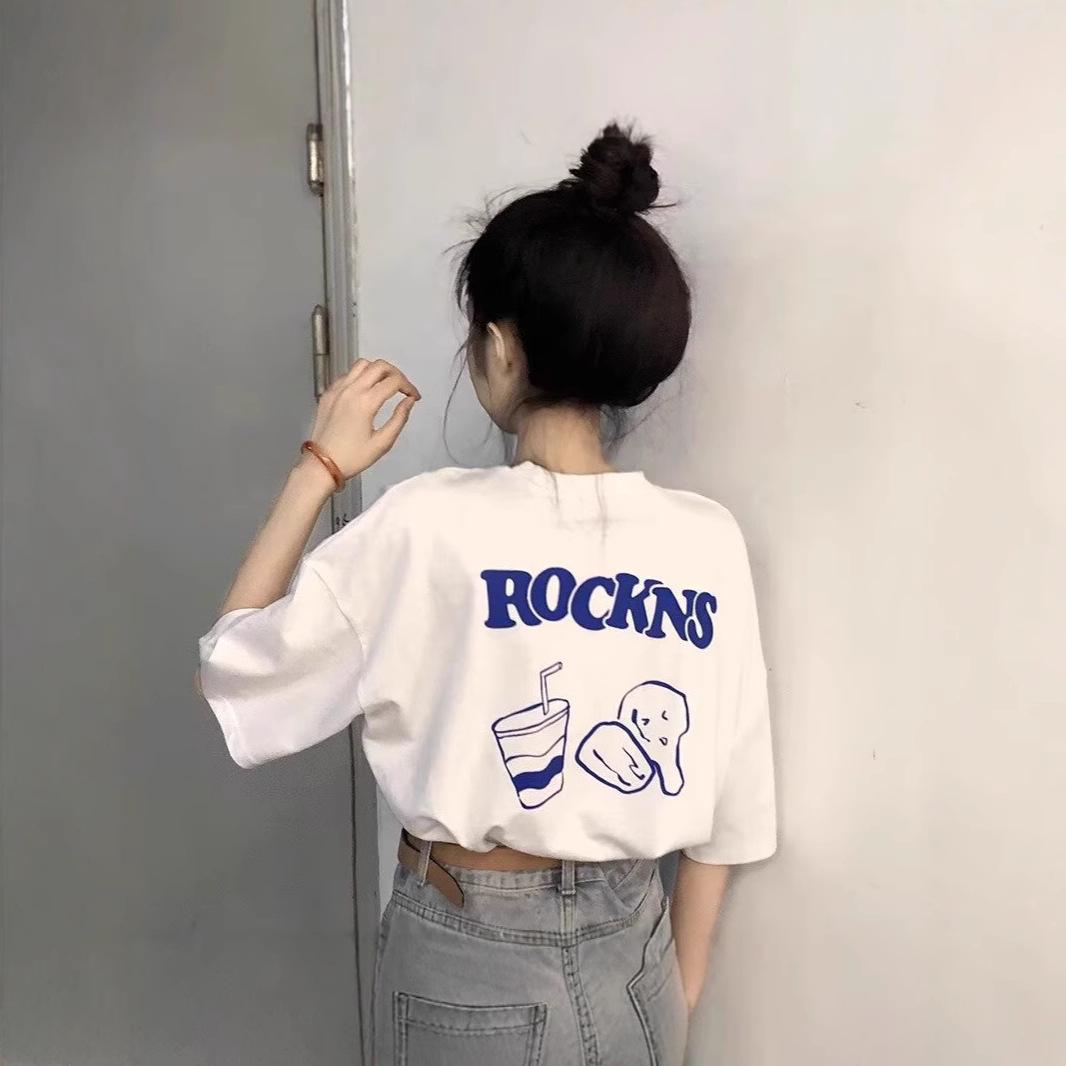 

2025 Summer Women s Loose White T-Shirt with Korean Bear Print Medium