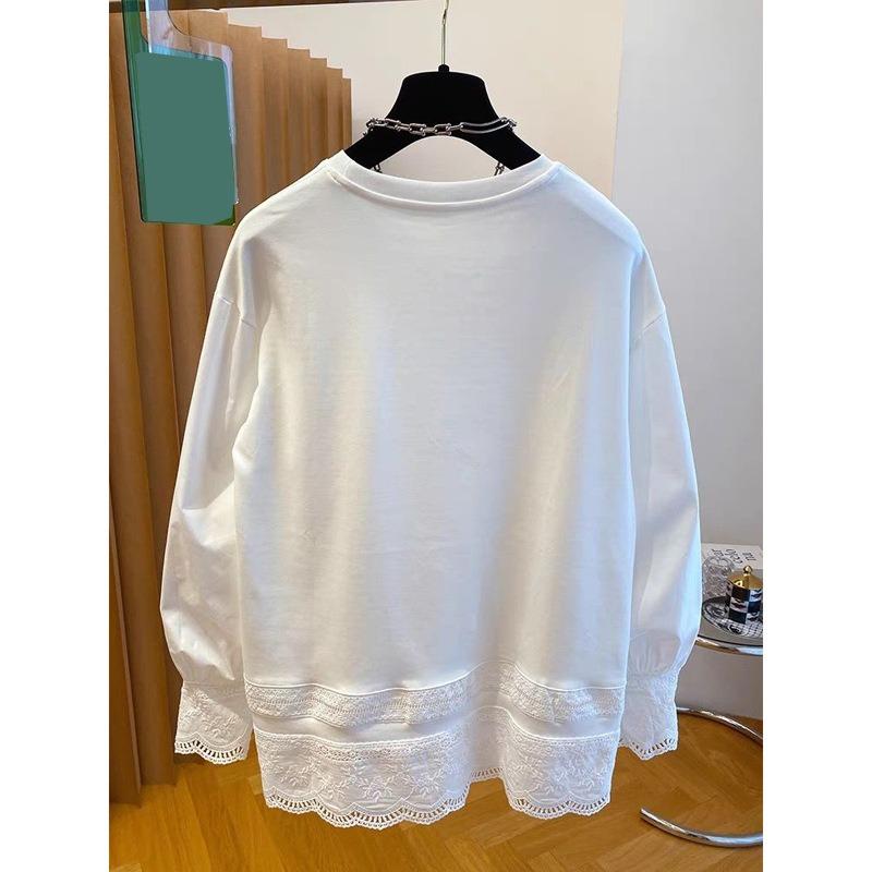 Air Cotton White Lace Splicing Long-sleeved T-shirt Women's Spring Loose Solid Color Outerwear Top