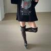 Womens Japanese Sheer Flower Lace Fishnet Thigh High Stockings Sweet Layered Ruffle Trim Frilly Over Knee Long Socks