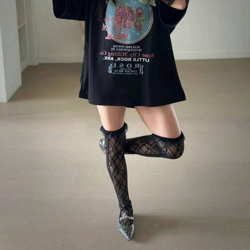 Womens Japanese Sheer Flower Lace Fishnet Thigh High Stockings Sweet Layered Ruffle Trim Frilly Over Knee Long Socks