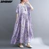 DIMANAF Plus Size Linen Summer Dress Beach Sundress  Floral Casual Purple Women Clothing