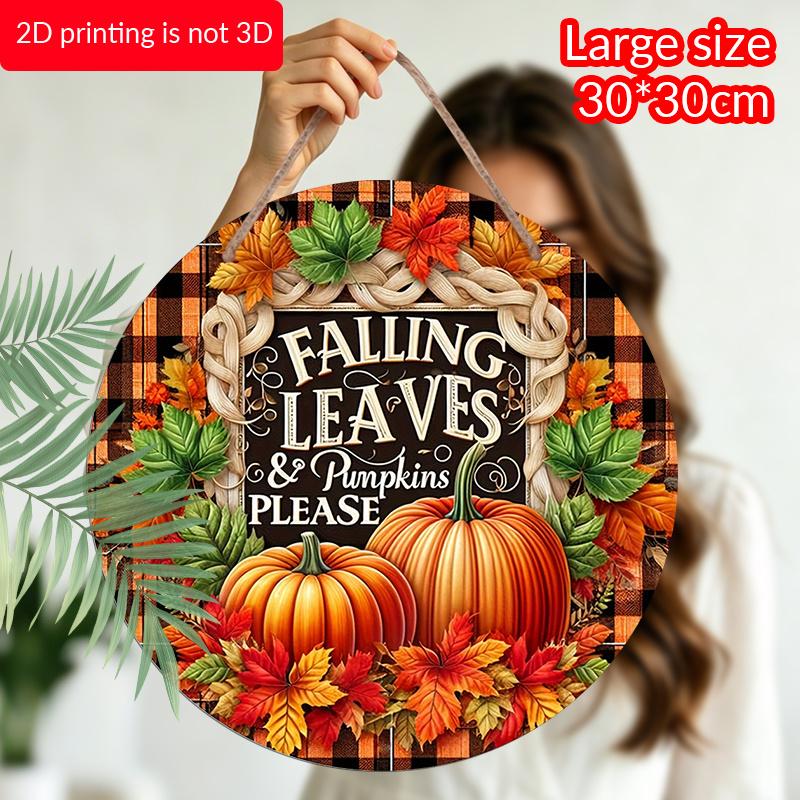 2D Flat, 1pc Round Aluminum Festive Fall Leaves & Pumpkins Wall Sign, Vintage Aluminium Decor for Home, Kitchen, Office, Garden, Garage, Christmas