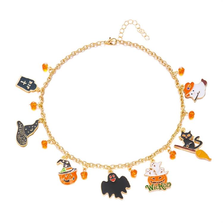 Halloween-Themen-Halskette mit Katzen-Kürbis-Anhänger, bequeme Legierung, verstellbar, Party-Schmuck