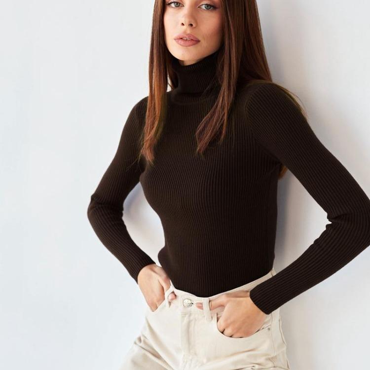 Women Autumn Winter Slim High Neck Knitted Sweater Long Sleeve Solid Color All Match Base