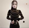 De Rong Women's High-Class Autumn Winter Half-High Collar Long Sleeve T-Shirt with Hot Drilling