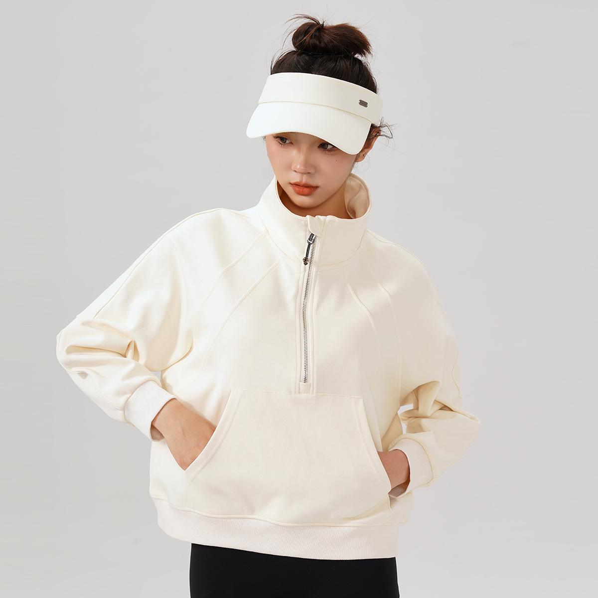 

Женский спортивный свитшот из дайвинга с высоким воротом: Весенне-осенний свободный короткий топ на молнии M (95-110 lbs) слоновая кость