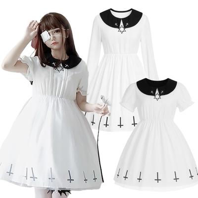 Milky Time Dunkles Gothic Lolita Kleid mit Hexagramm Halloween Kostüm Kleine Größe Damen Design, (Weiß, Ärmel, M)