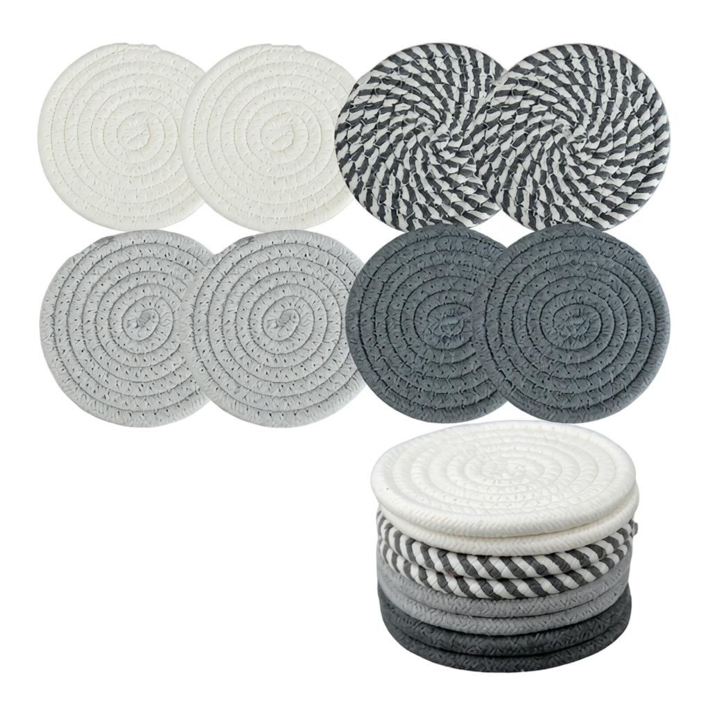 8 Piece Braided Cotton Coaster Set for Home Office Tabletop Protection Absorbent Round Coasters for Drinks Mugs Cups