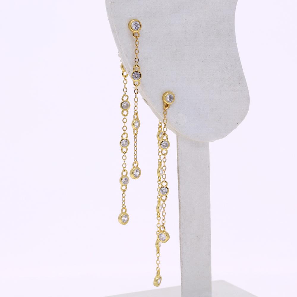 Bling Fashion Women Jewelry 5A Cubic Zirconia CZ 18K Gold Plated Double Chain Long Tassel Earring