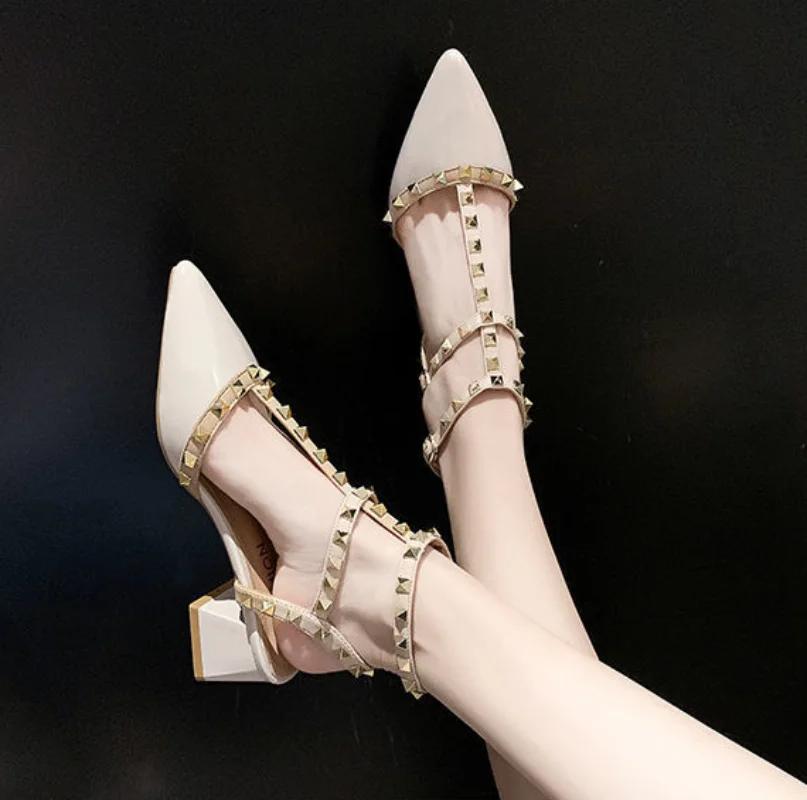 Fashion Sandals for Woman One Word Summer 2024 Pointed Toe Rivet Footwear Block Heel Women's Shoes with Strap The Best Designer Luxury H