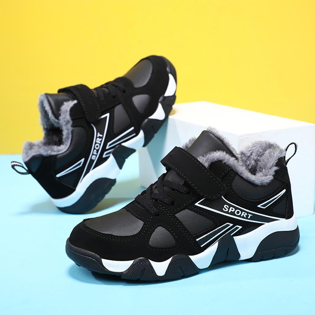 Winter Fleece Lined Kids Running Shoes Lightweight Breathable Athletic Sneakers with Hook and Loop Closure for Elementary School Children