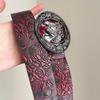 Vintage Dark Red Rose Double Horse Head Leather Belt - Unisex, Retro, Decorative Accessory.