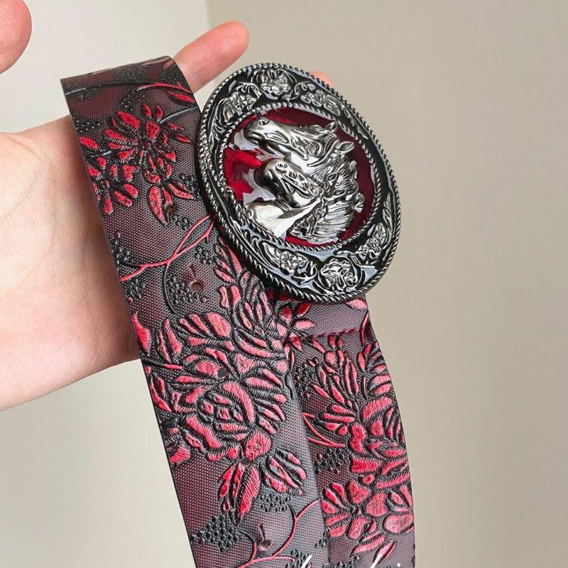 Vintage Dark Red Rose Double Horse Head Leather Belt - Unisex, Retro, Decorative Accessory.