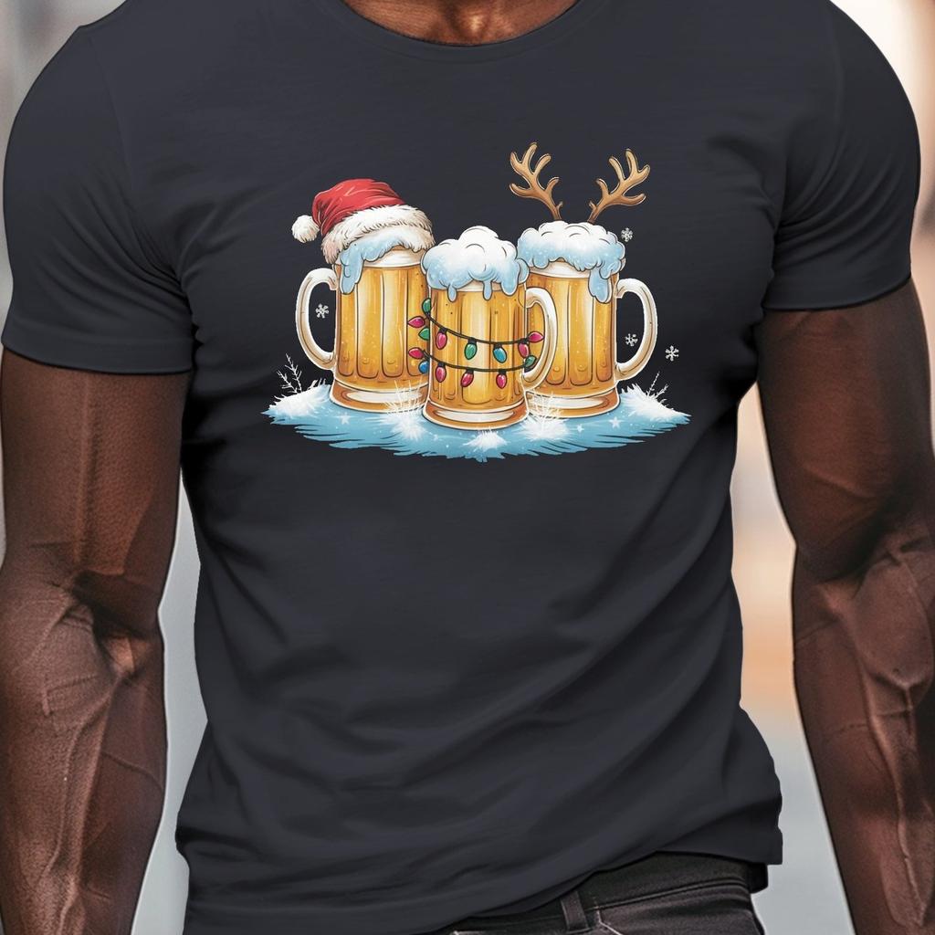New Year Party Beer Print Mens TShirts Christmas Snowman Pattern Short Sleeve Tops Men Xmas Clothing Fashion Loose Tshirt