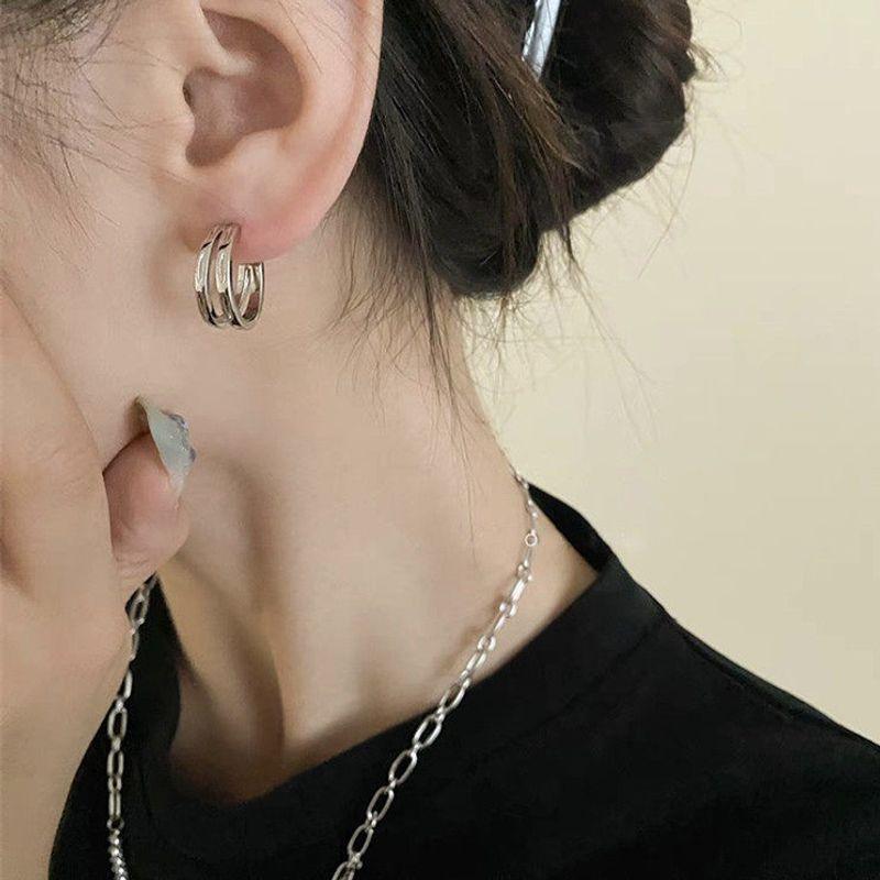 Metal Double Layer Hoop Earrings Ear Clip without Pierced Female Minimalist All-Match Temperamental Stud Earrings Special-Interest Earrings Tide