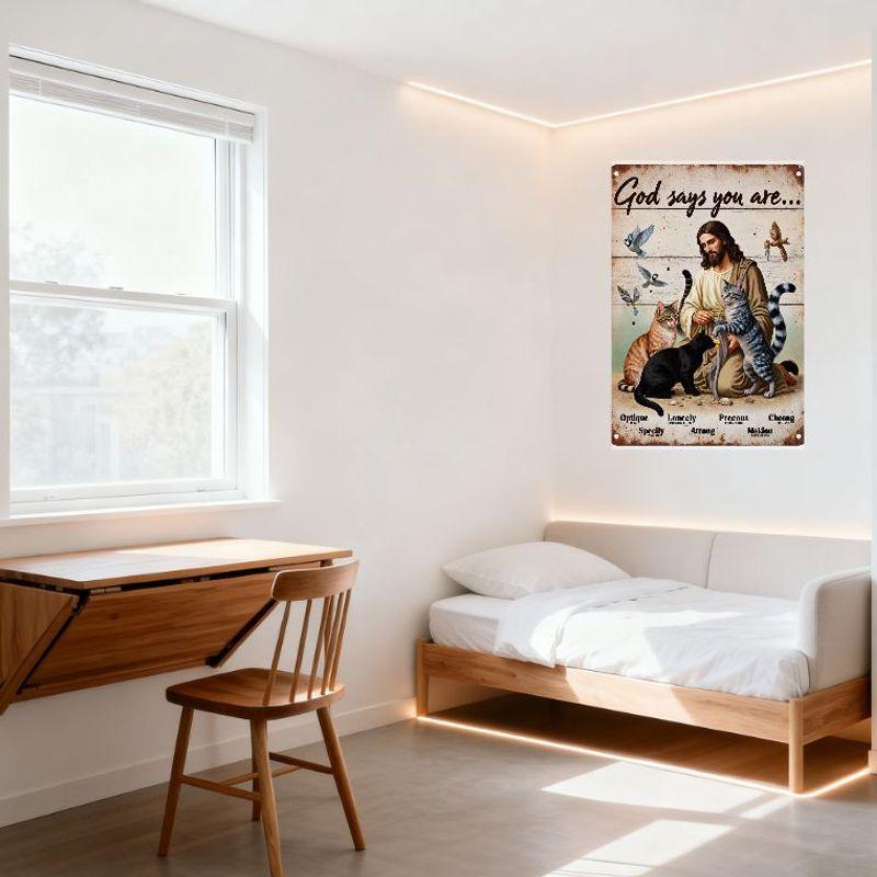 Vintage God Says You Are Metal Tin Sign - Weathered Wood Texture, Kneeling Man with Cats & Birds, Optique Lonely Precious Cheong