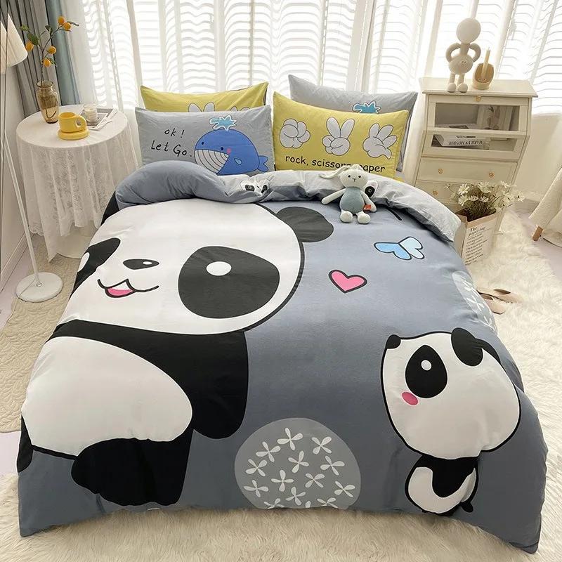 Cartoon Happy Panda Duvet Cover with Pillowcase, Bedding Set for Adult Boy Girl Bedroom Decoration Gift Single Double Size