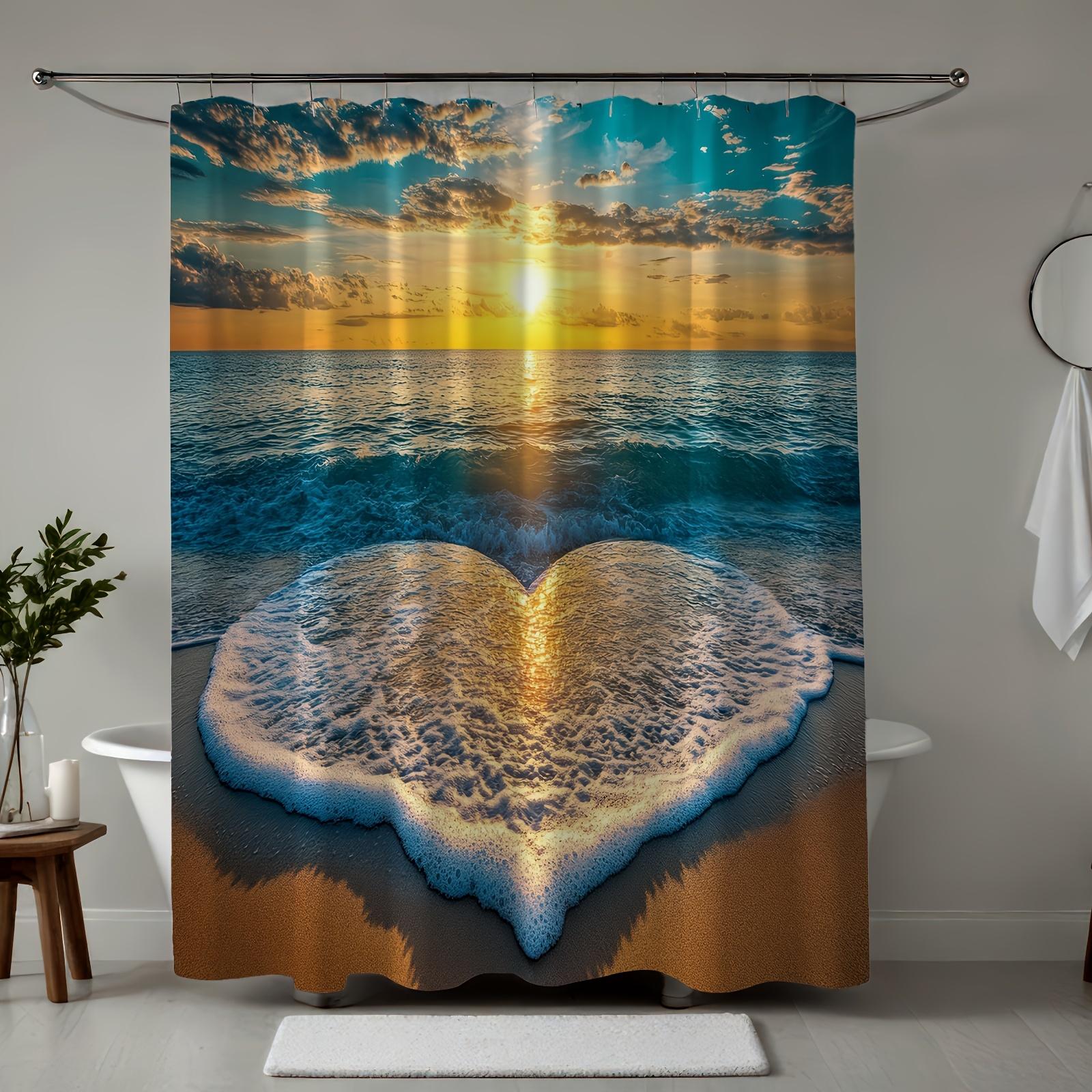 Ocean Heart Beach Sunset Shower Curtain – Vibrant Waves Design, Polyester with Hooks for All-Season Bathroom Decor W90xH180cm