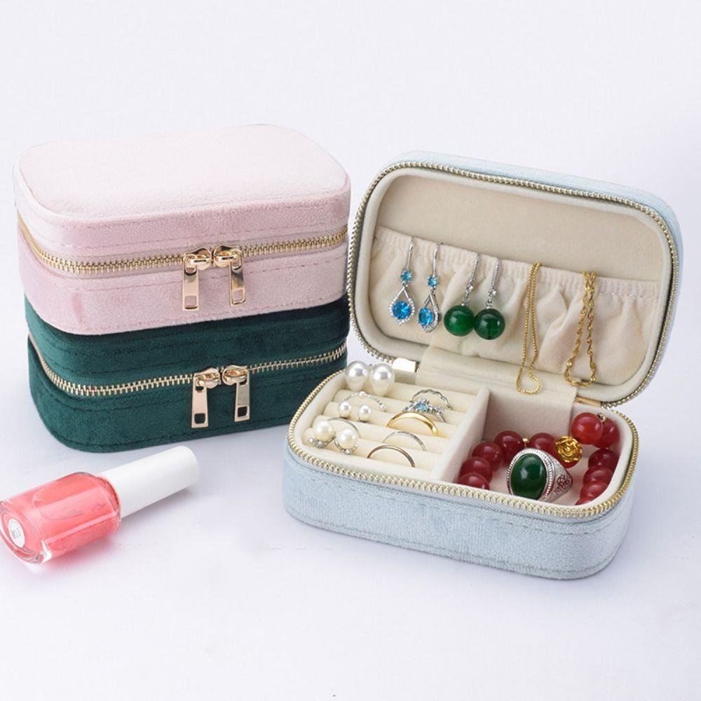 Velvet Portable Jewelry Box Zipper Closure Necklace Storage Case  Rings Storage Case