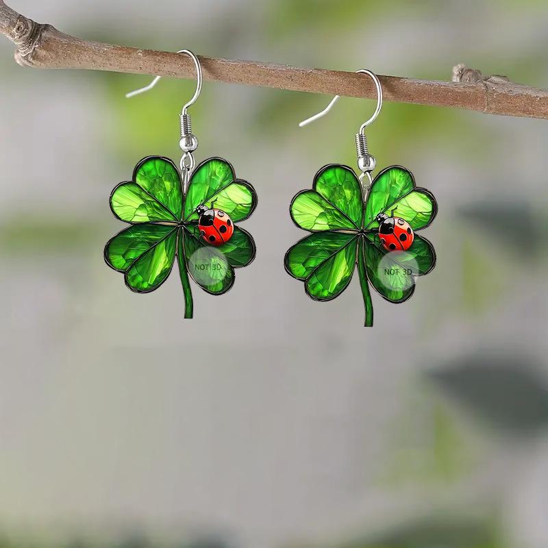 St. Patrick's Day Green Four-Leaf Clover Ladybug Acrylic Earrings