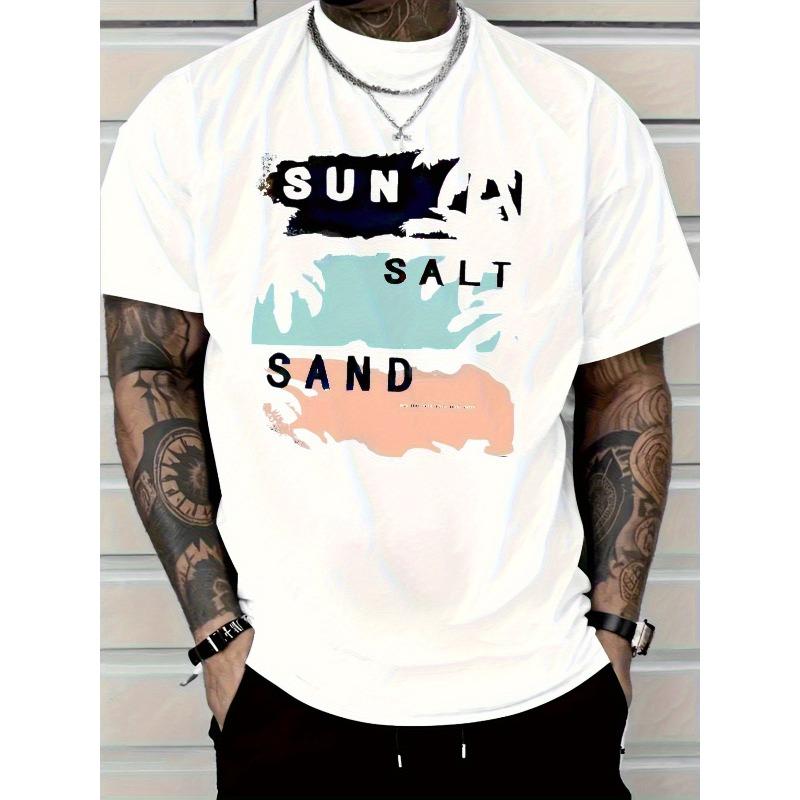

European sizes Men S T-Shirt with Vintage Beach Pattern Print and Sun, Salt, Sand Design | Soft, Breathable Fabric, Machine Washable 4XL білий