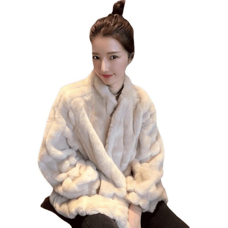Autumn and winter new imitation mink leather jacket women's medium and long plush stand-up collar imitation mink loose