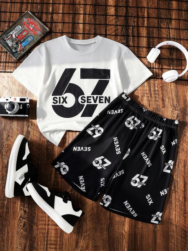 Two-piece Boys' Outdoor Sports Set with Six Seven Letter Print Crew Neck Drop Shoulder Short-sleeved Shirt and Shorts, Spring/summer Style.