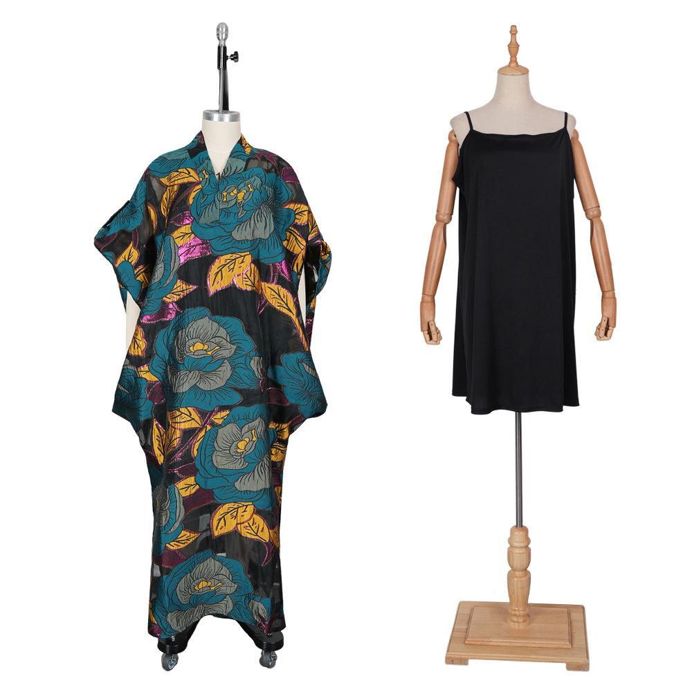 African Plus Size Women's Ethnic Print Long Robe & Headscarf Set