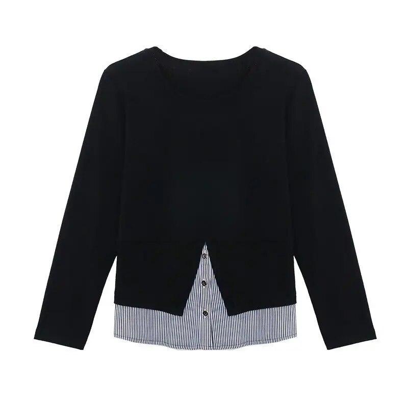 Dámské tričko s dlouhým rukávem z čisté bavlny Jaro Podzim Nové Falešný dvoudílný top Volný Pruhovaný Patchwork Základní tričko