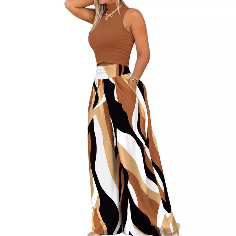 Summer Clothes Women Print Two-piece Set Smooth Sleeveless T-shirt, Wide Leg Pants Fashion Clothing