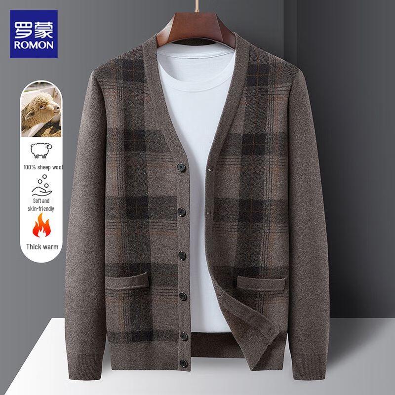 ROMON Men's 100% Merino Wool Plaid Thickened Cardigan