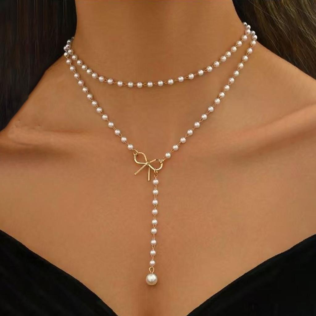 Mother's Day Gift Imitation Pearl Adjustable Length Bowknot Y-Necklace Romantic Fashion 2pcs/Set For Women For Daily Wear And Party Jewelry