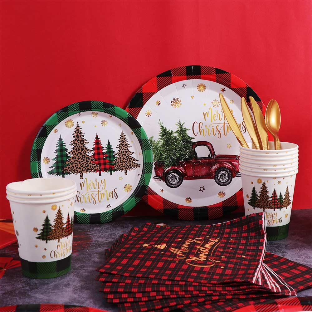 Plaid Print Christmas Disposable Tableware Set Serves 24 Disposable Paper Tableware  New Year