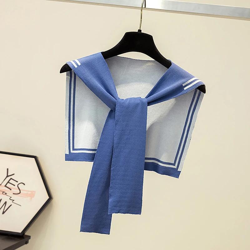 

Korean College Navy Stripe Wool Knit Shoulder Cape Knotted Warm Shawl Summer Air Conditioned Room Protect Neck Woman s Scarf небо синє кольору