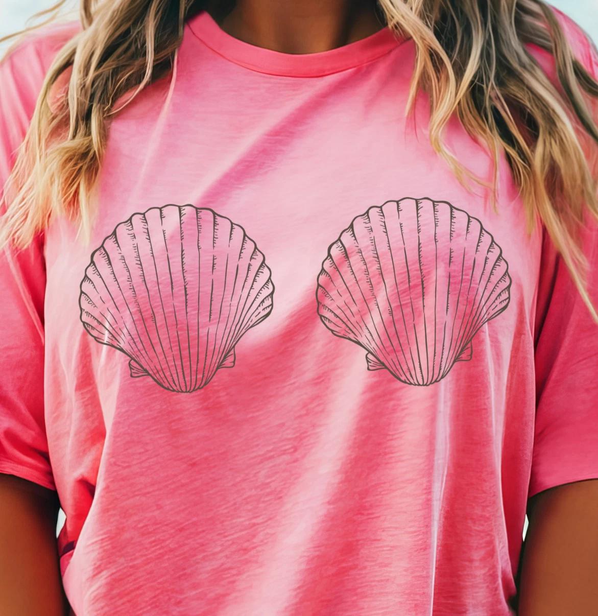 Seashell Bra T-shirt | Funny Minimal Beach Shell Graphic Tee, Beach Lovers Shirt L