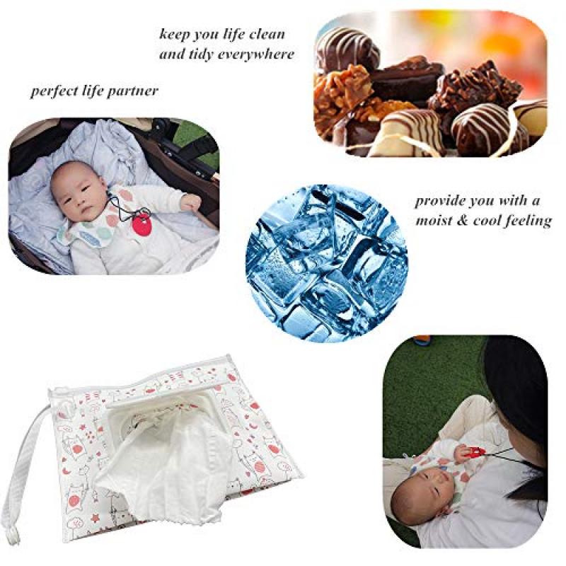 Portable Wet Wipes Case, Reusable & Refillable Travel Wipes Dispenser, Eco-Friendly Handy Baby Wipes Holder, Compact Size 17.8x13.7cm, Cute Cat Design