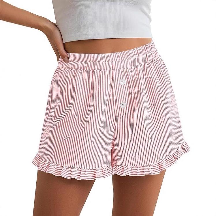 Women's Y2K Ruffle Striped Casual Shorts with Pockets - Spring/Summer Pajama Beachwear