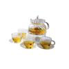 European Glass Tea Infuser Set: Includes Teapot with Filter, Glass Cups, and Saucers for Brewing Flower Tea.