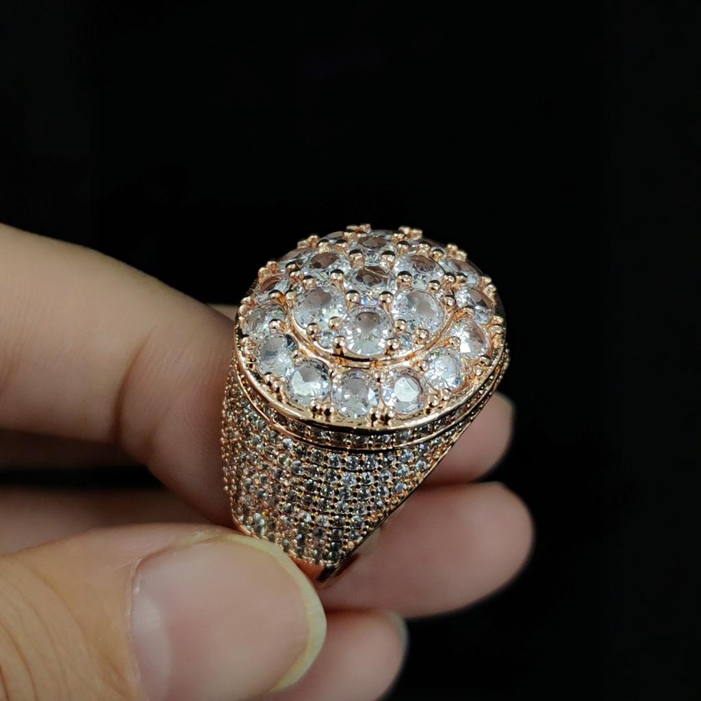 Exaggerated and Domineering Copper Zircon Flower Diamond Ring, European and American Hip-hop and Rap Trendy Men's Ring