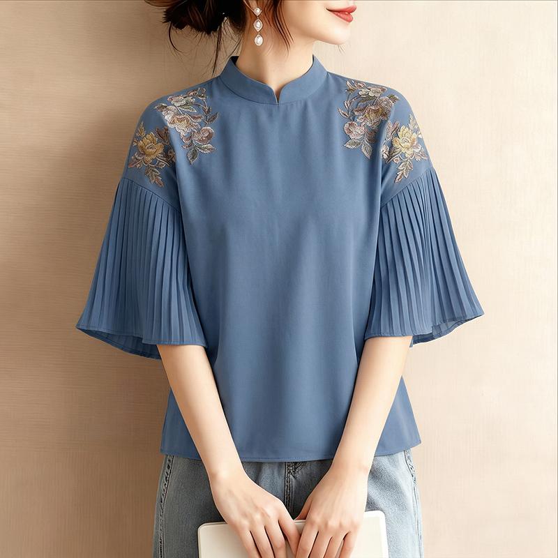

ZANZEA Women Casual Stand Collar Loose Pleated 3/4 Sleeve Print Blouse XL синій