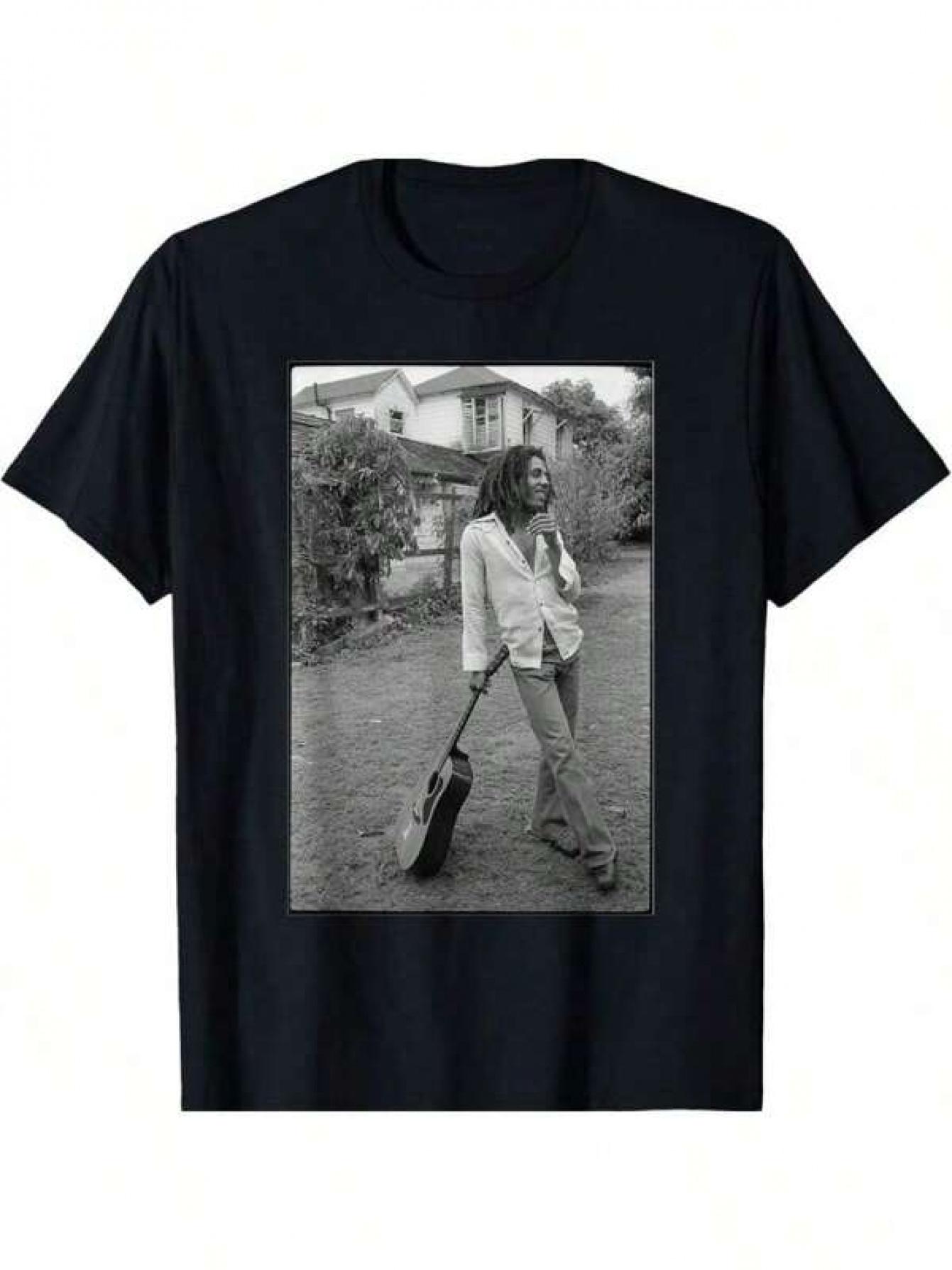 

Bob Marley x David Burnett Black and White Guitar Pattern TShirt Crew Neck TShirt Pure Cotton Couple TShirt vintage t shirt S
