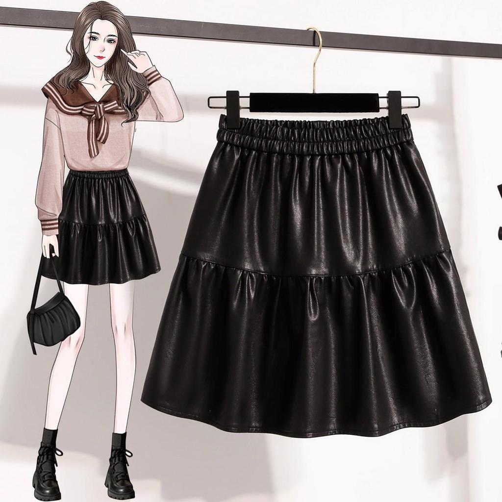 Fluffy Autumn 2025 Women's PU Leather High-Waisted A-Line Pleated Midi Skirt