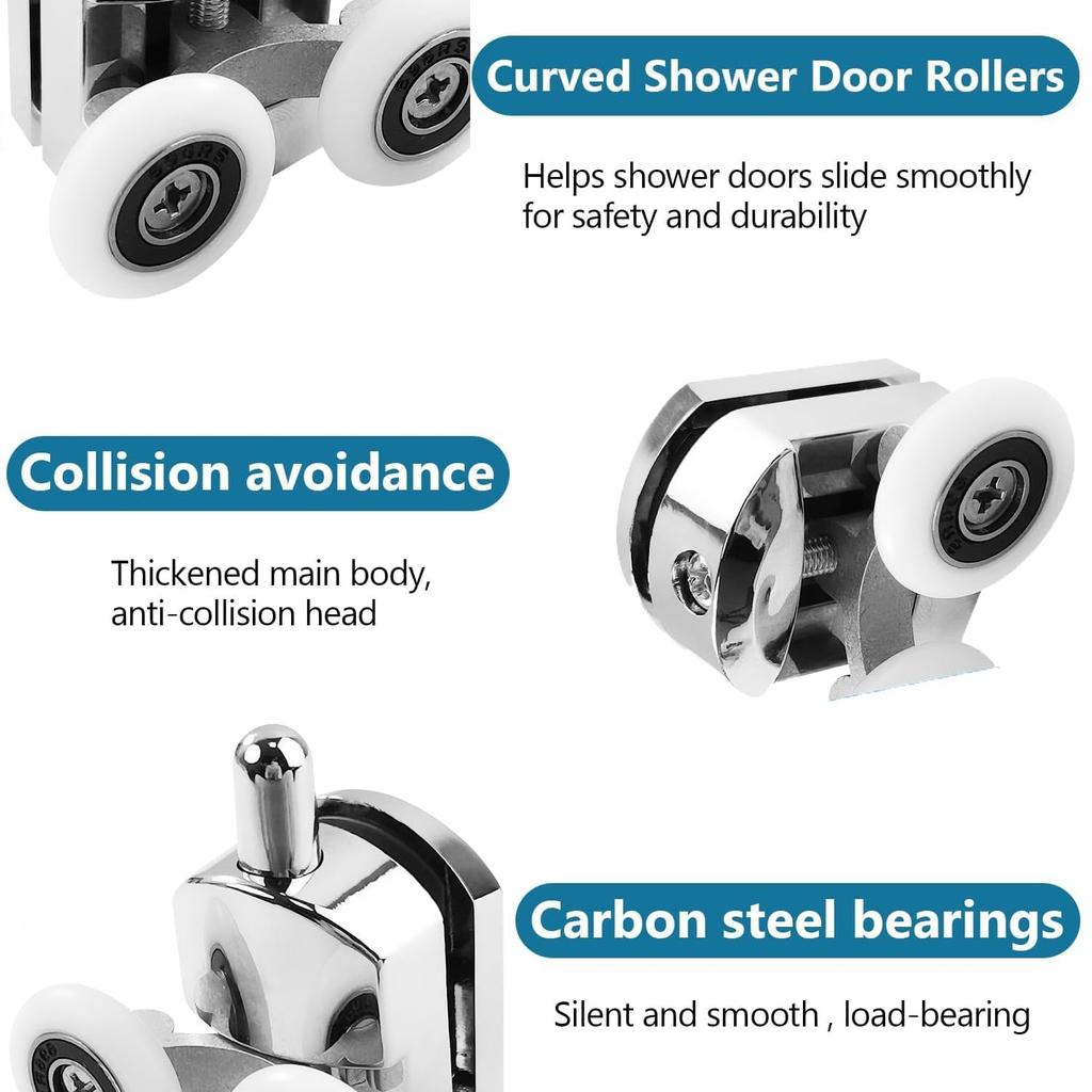 Shower Door Wheels, 8 Pcs Curved Shower Door Rollers, 23mm Replacement Shower Door Wheels with Anti-Collision Block and Screws